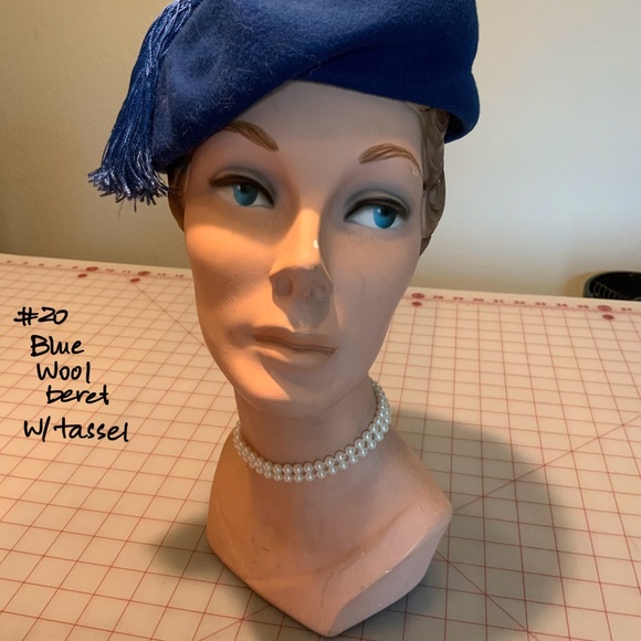 Vintage Royal Blue Wool Hat Beret with Tassel 1950s
